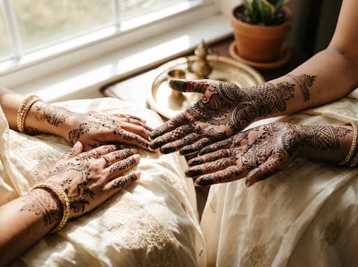 Hands decorated with intricate mehndi artistry